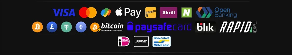 Payment methods collage featuring Visa, Mastercard, Apple Pay, Interac, Skrill, Neteller, Open Banking, Bitcoin, Litecoin, Tether, Ethereum, paysafecard, Blik, Rapid Transfer, iDEAL, Sofort, Bancontact, and Mister Cash on a dark background.