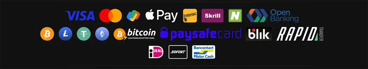Payment methods collage featuring Visa, Mastercard, Apple Pay, Interac, Skrill, Neteller, Open Banking, Bitcoin, Litecoin, Tether, Ethereum, paysafecard, Blik, Rapid Transfer, iDEAL, Sofort, Bancontact, and Mister Cash on a dark background.