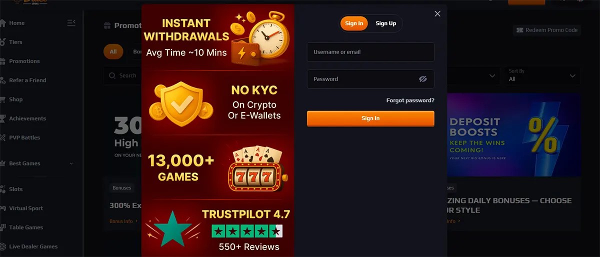 Casino login popup with username or email and password fields, an orange “Sign In” button, and promotional highlights for instant withdrawals, no KYC on crypto or e-wallets, 13,000+ games, and a Trustpilot rating.
