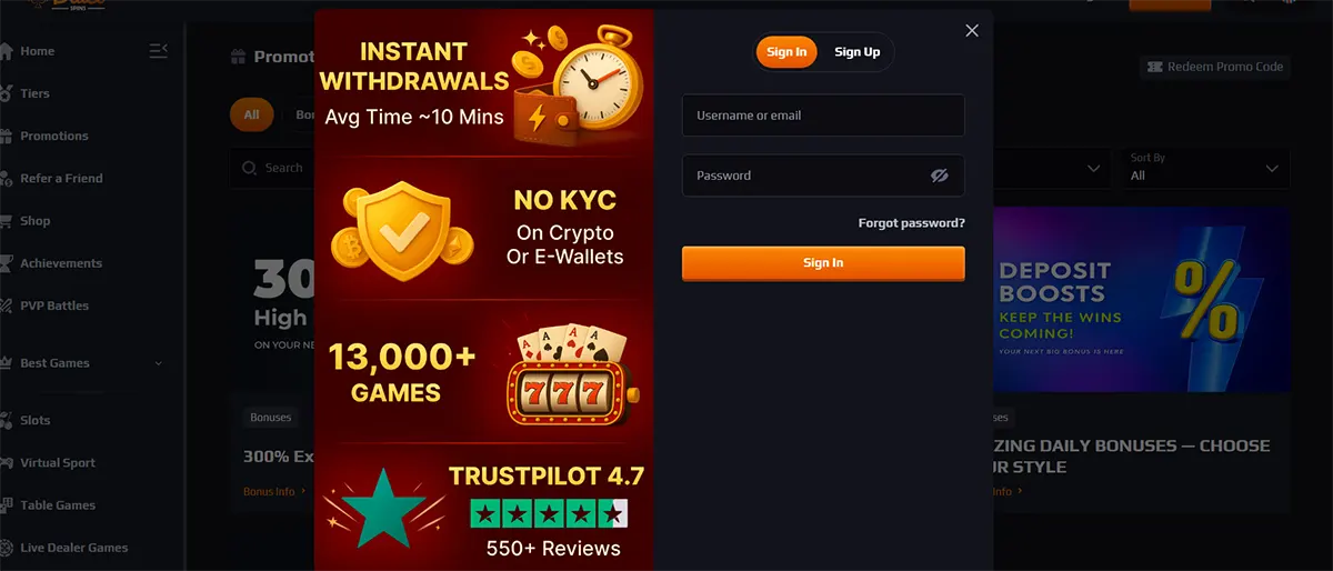 Casino login popup with username or email and password fields, an orange “Sign In” button, and promotional highlights for instant withdrawals, no KYC on crypto or e-wallets, 13,000+ games, and a Trustpilot rating.
